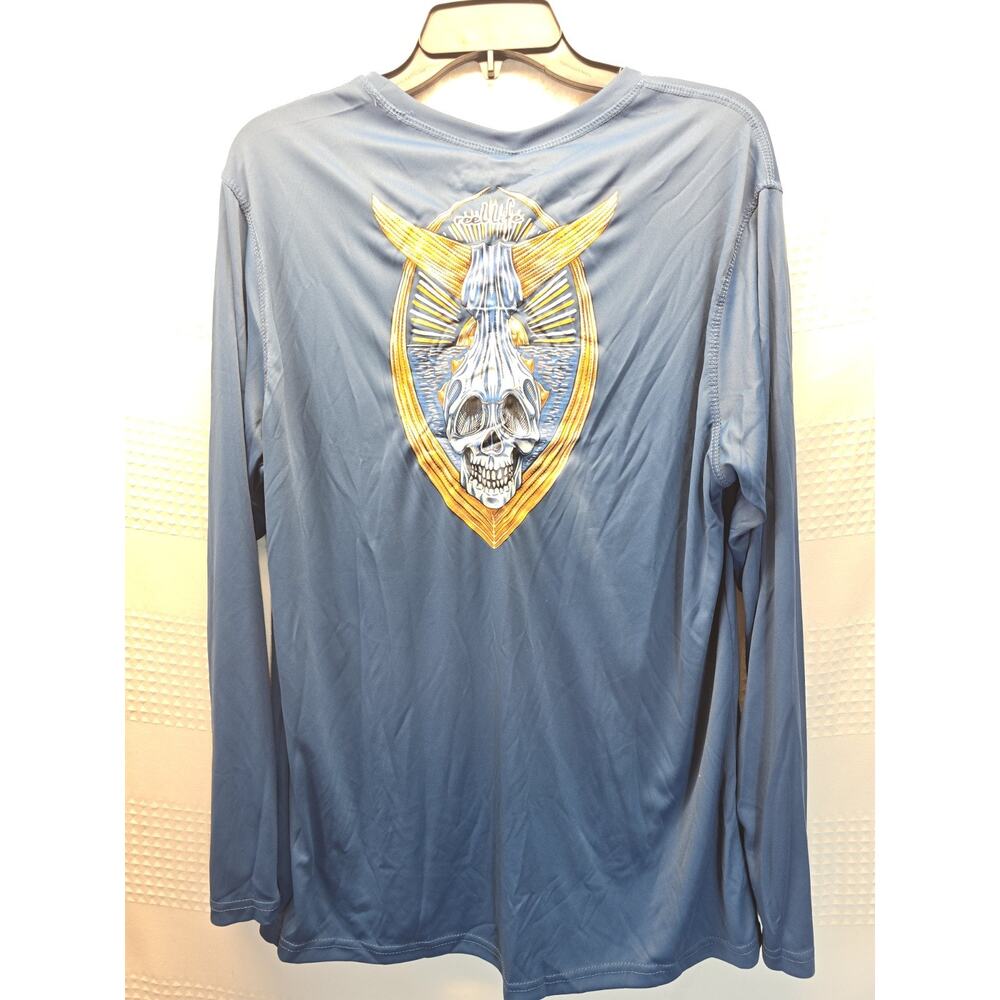 Reel Life Sun Shirt Size Large Blue Skull Fishing